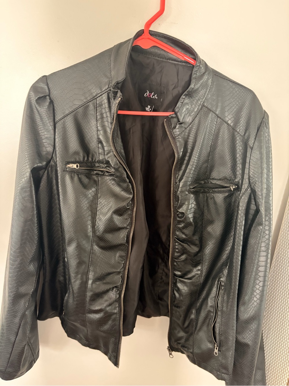Dots Black Faux Leather Textured Moto Jacket